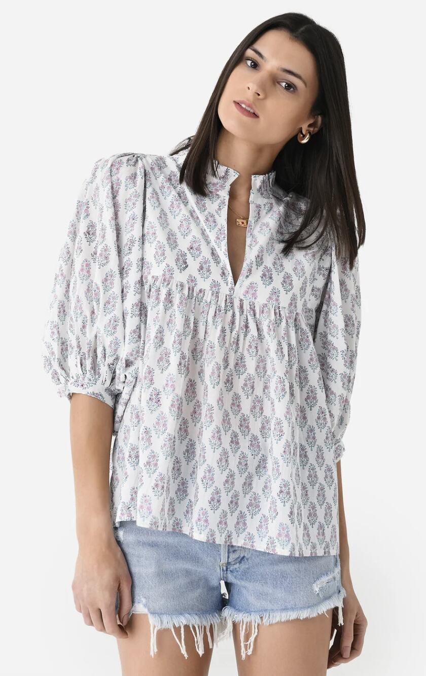 Sur La Vague Women's Puff Sleeve Flowy Ruffle Neck Floral‎ Blouse Blue Pink